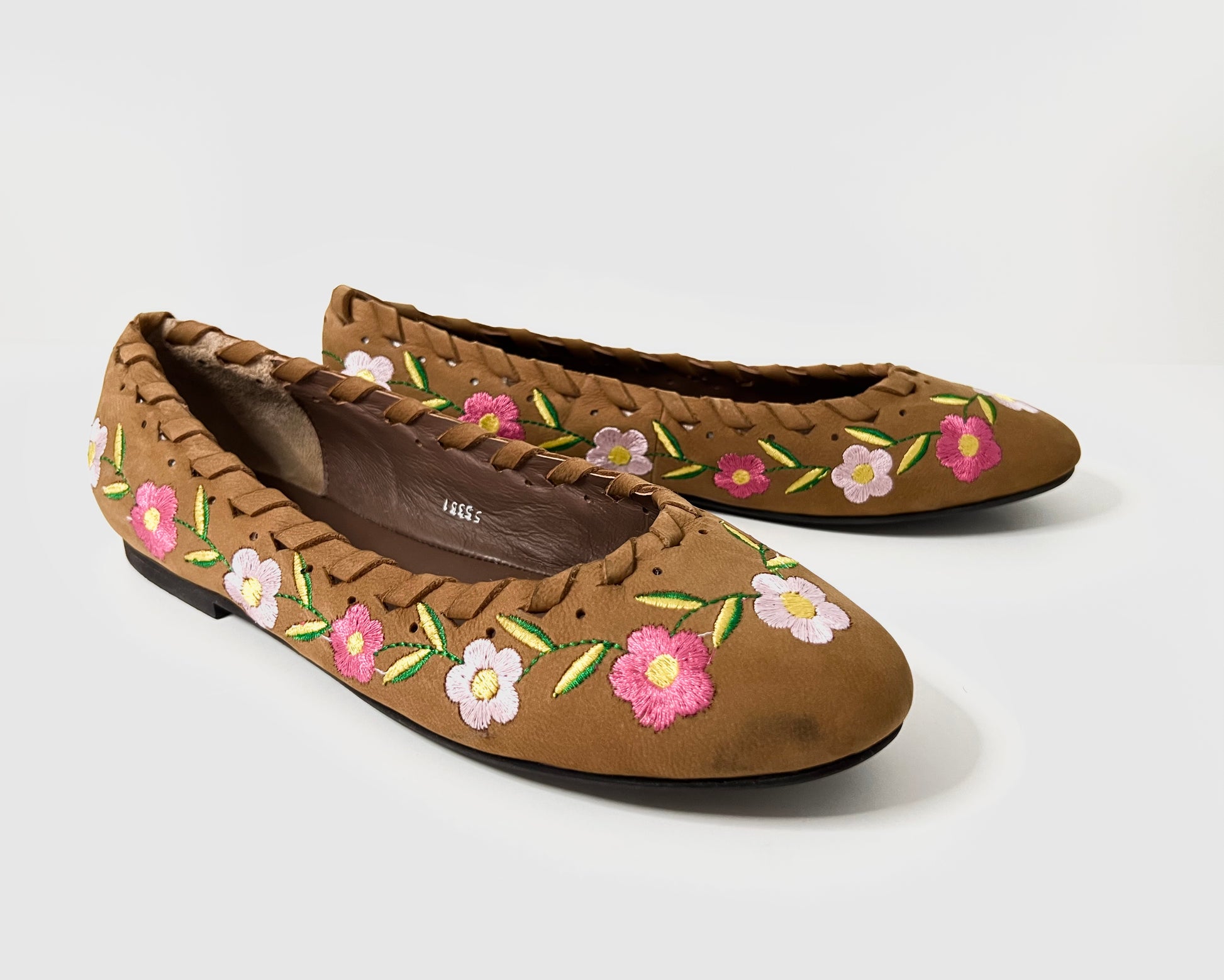 oobash June tan leather flower embroidered ballerina for ladies girl women