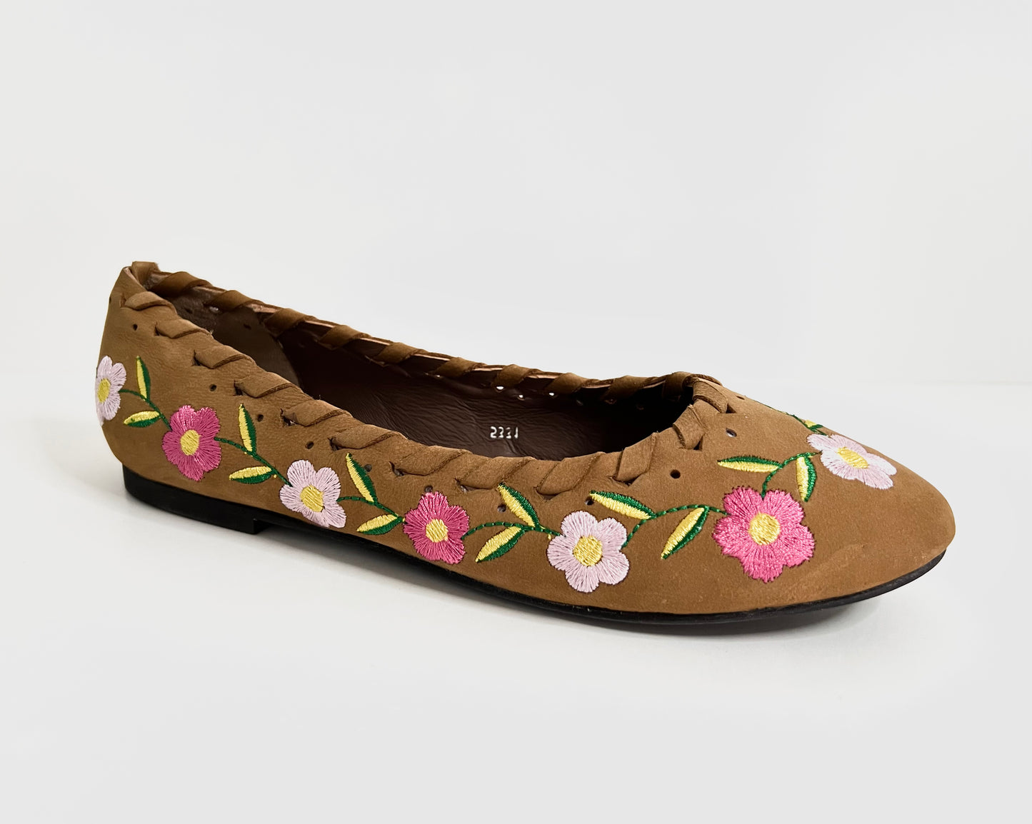 oobash June tan leather flower embroidered ballerina for ladies girl women