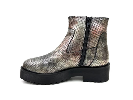 Embossed Zippered Metallic Bootie