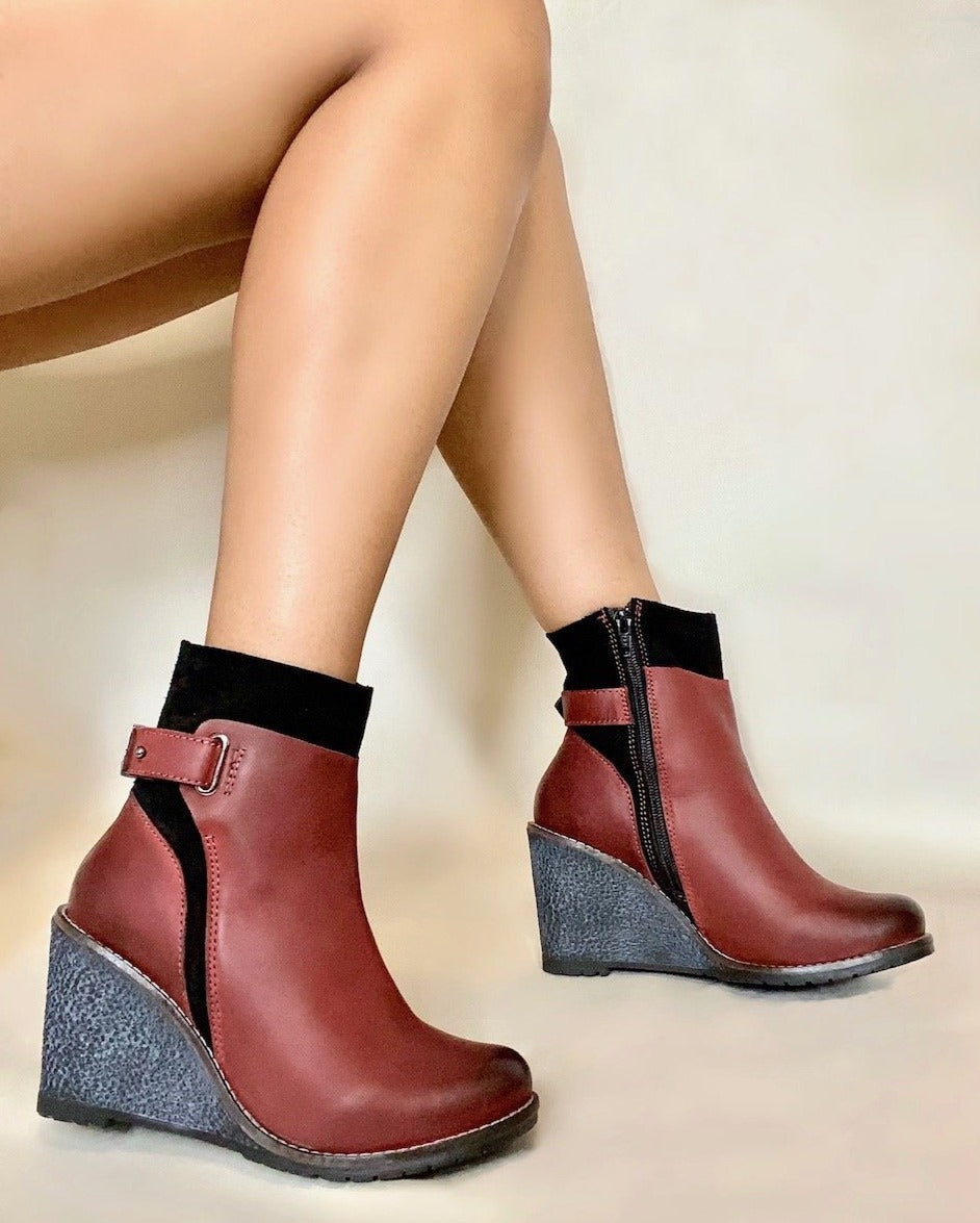 Chunky Wedge Ankle Bootie Heels Red
